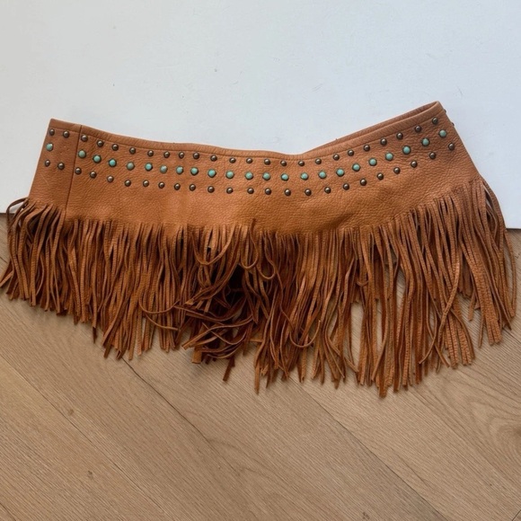Patricia Wolf wide leather fringe belt studs turquoise concho RTL $250 L NWOT - Picture 6 of 9